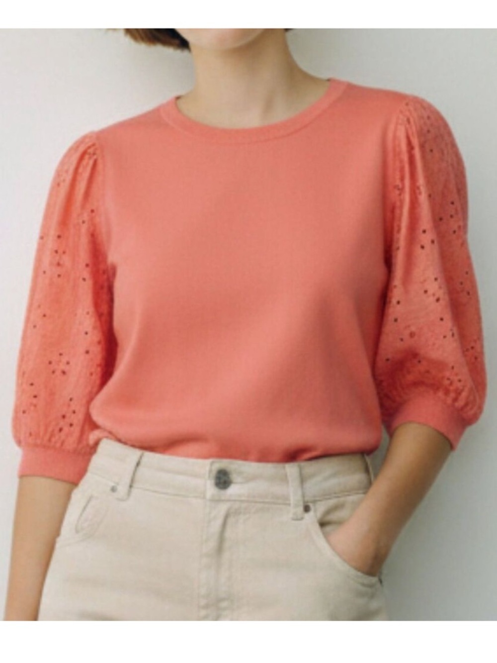 Nanette Lepore Coral Eyelet Puff-Sleeve Top